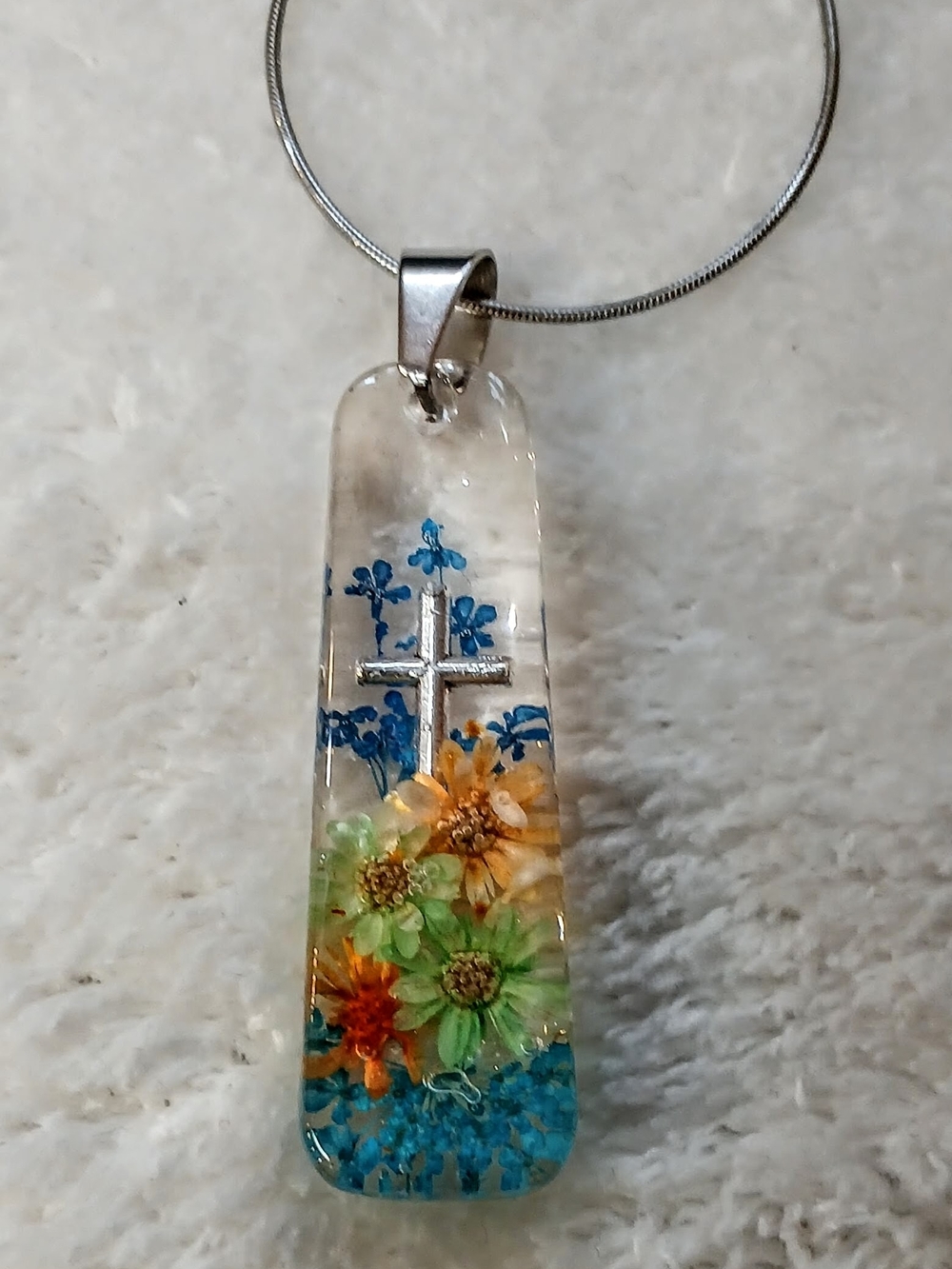 Handmade Floral Resin Cross Pendant - Blue, Green & Yellow